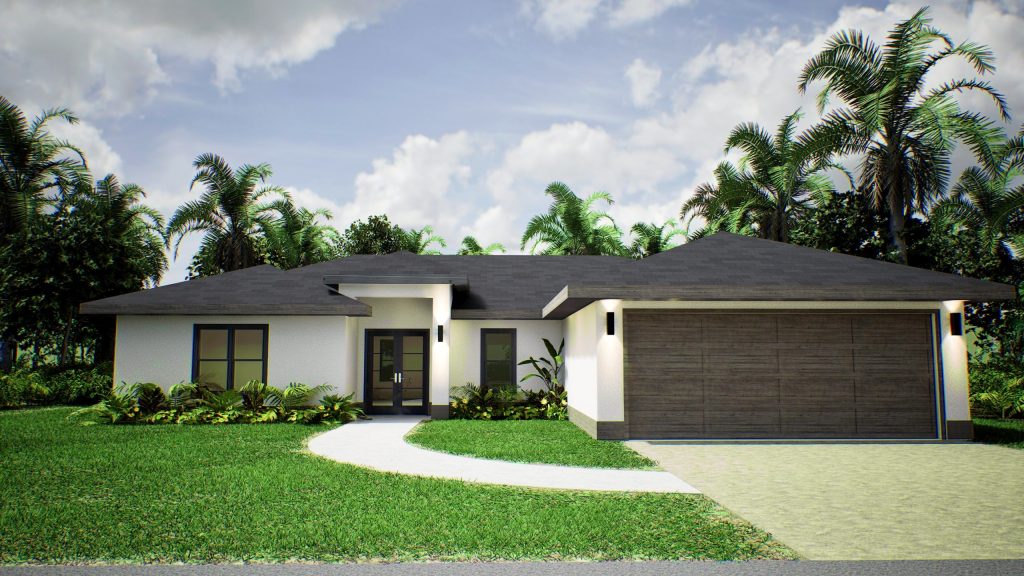 AM Homes model home rendering – white modern exterior with two-car garage