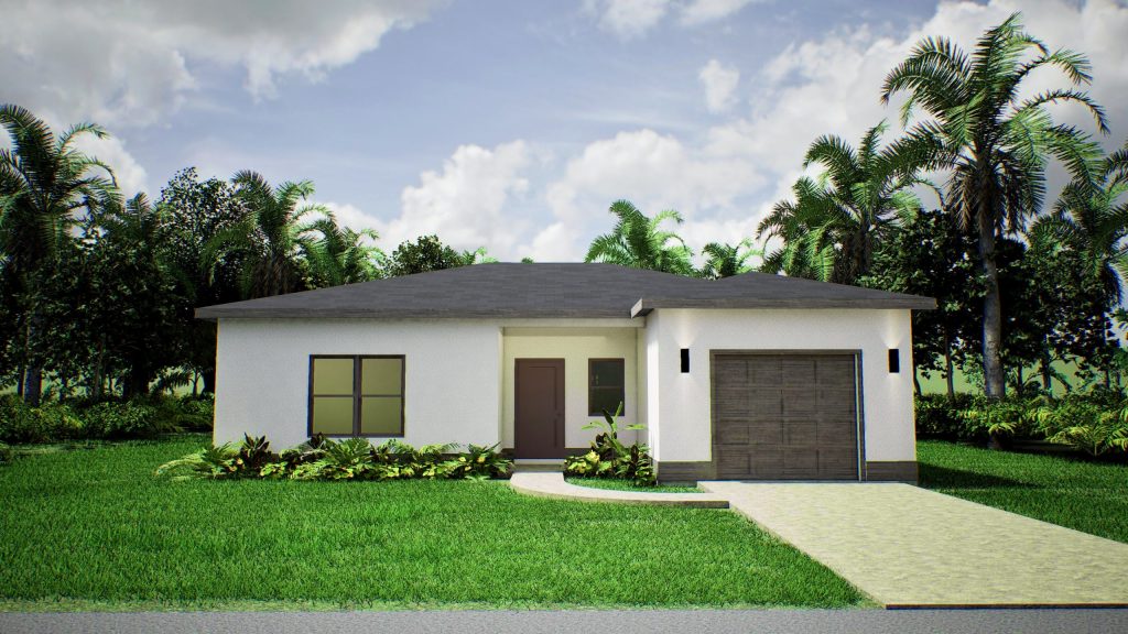 AM Homes model home rendering – white stucco exterior